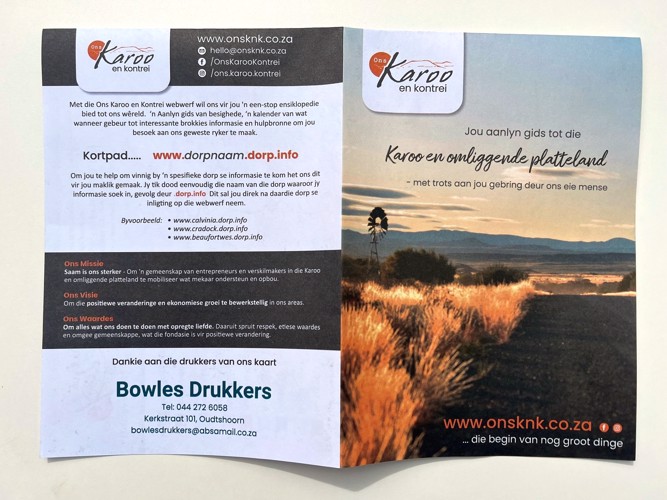Agterblad vertel jou meer oor wie Ons Karoo en Kontrei is en hoe om ons aanlyn gids te gebruik.