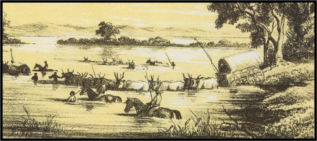Crossing the Orange River; 1840 (sketch by Thomas Arbousset)